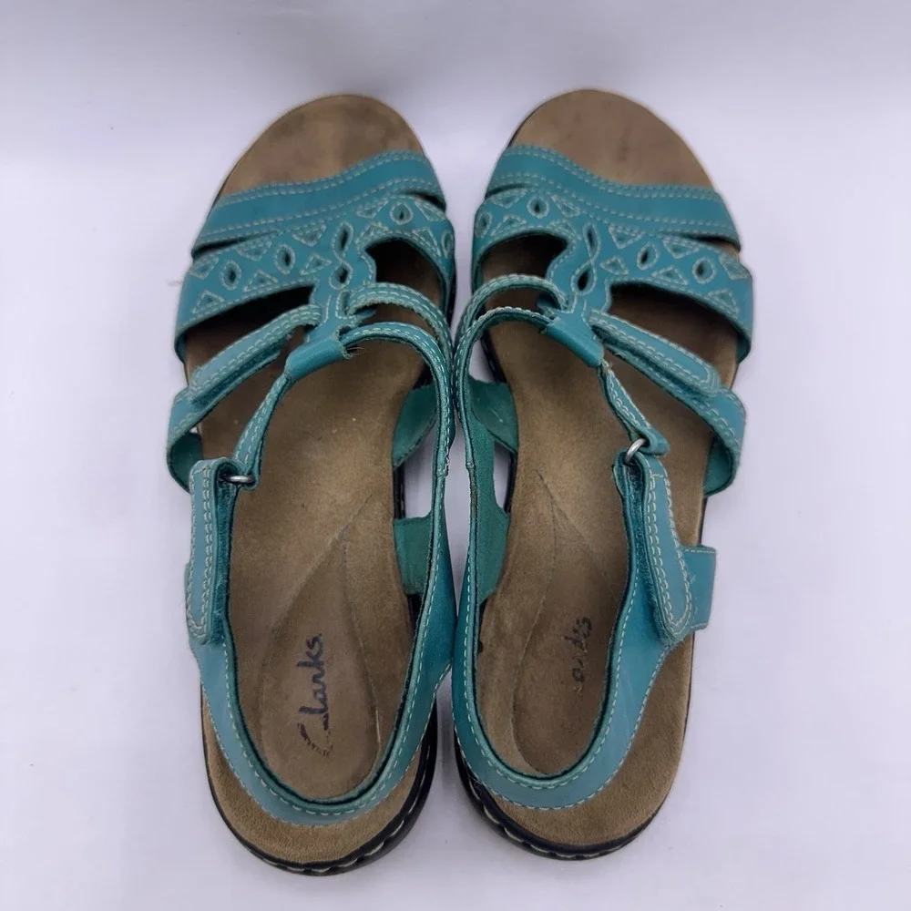 Clarks Leather Multi Strap Sandals Leisa Apple Teal Blue Size 10 Wide Shoes